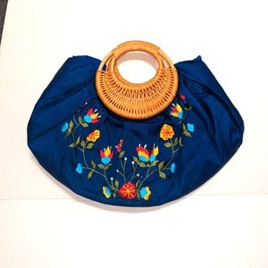Floral Embroidered with Rattan Handle